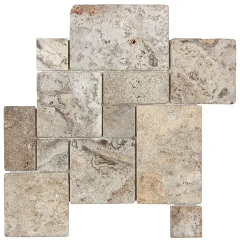 Silver Travertine Mini Versailles Pattern – Tumbled Mosaic