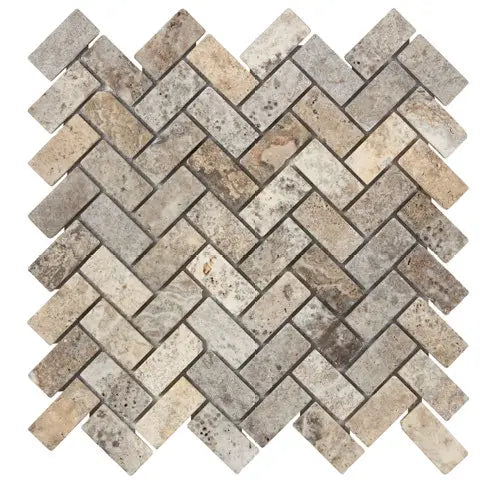 Silver Travertine 1x2 Herringbone Mosaic Tile – Tumbled - mosaic  