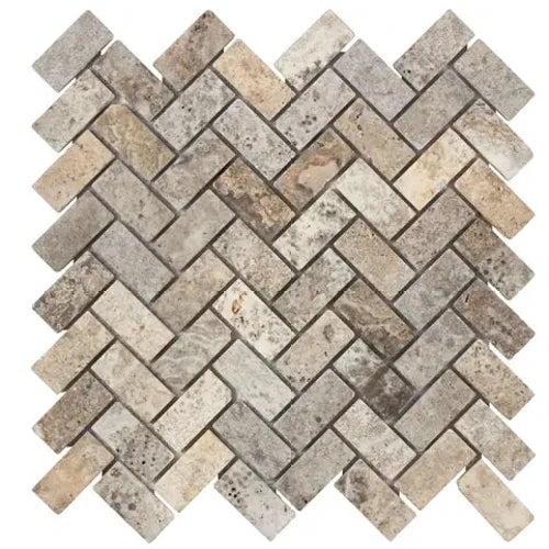 Silver Travertine 1×2 tumbled herringbone mosaic with directional gray movement.