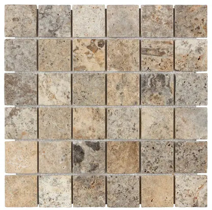 Silver Travertine 2x2 Mosaic Tile – Tumbled finish, silver-gray tones, ideal for walls, floors, and shower surrounds.