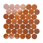 Pattern of red-clay circular zellige mosaic tiles on a white background