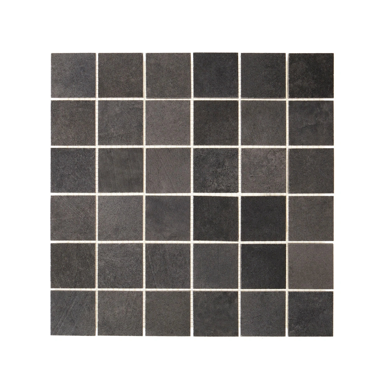 Mesh-mounted Anthracite color 2x2 Textura porcelain mosaic tiles offering intricate design options.