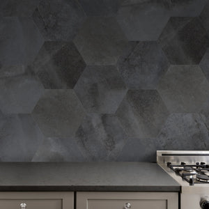 Unique hexagonal porcelain tile adding geometric flair to modern interiors. Showcasing a kitchen backsplash.