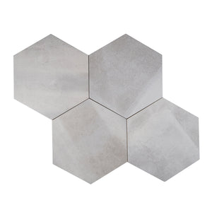 Hexagonal 14x16 Textura porcelain tile with a stamped concrete-inspired design. Multi-piece image for color variation and the look.