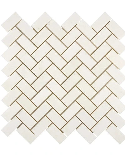 White Thassos Marble 1” x 2” Herringbone Mosaic Tile with polished finish.