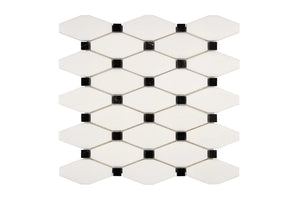 White Thassos Elongated Hexagon with Black Dots with polished and honed in brilliant white natural marble.