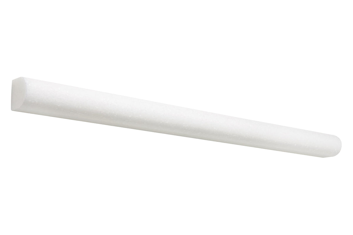 White Thassos marble ¾×12 bullnose liner trim in honed and polished finishes, bright pure white.