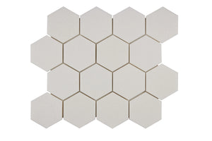 White Thassos 3-Inch Hexagon Mosaic with polished and honed in brilliant white natural marble.