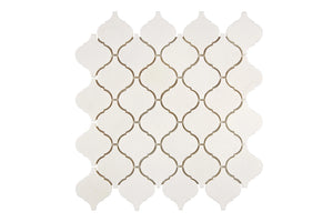 White Thassos Arabesque Mosaic with polished and honed in brilliant white natural marble.