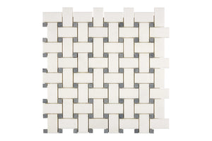 White Thassos Basketweave with Blue Dots with polished and honed in brilliant white natural marble.