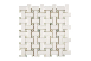White Thassos Basketweave with Green Dots with polished and honed in brilliant white natural marble.