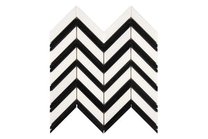 White Thassos Chevron with Black Strips with polished and honed in brilliant white natural marble.