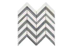 White Thassos Chevron with Blue Strips with polished and honed in brilliant white natural marble.