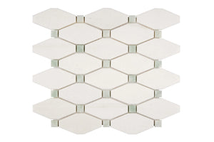White Thassos Elongated Hexagon with Green Dots with polished and honed in brilliant white natural marble.