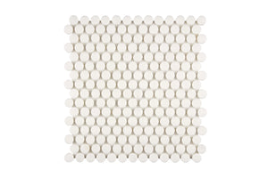 White Thassos Penny Round Mosaic with polished and honed in brilliant white natural marble.