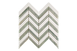 White Thassos Chevron with Green Strips with polished and honed in brilliant white natural marble.
