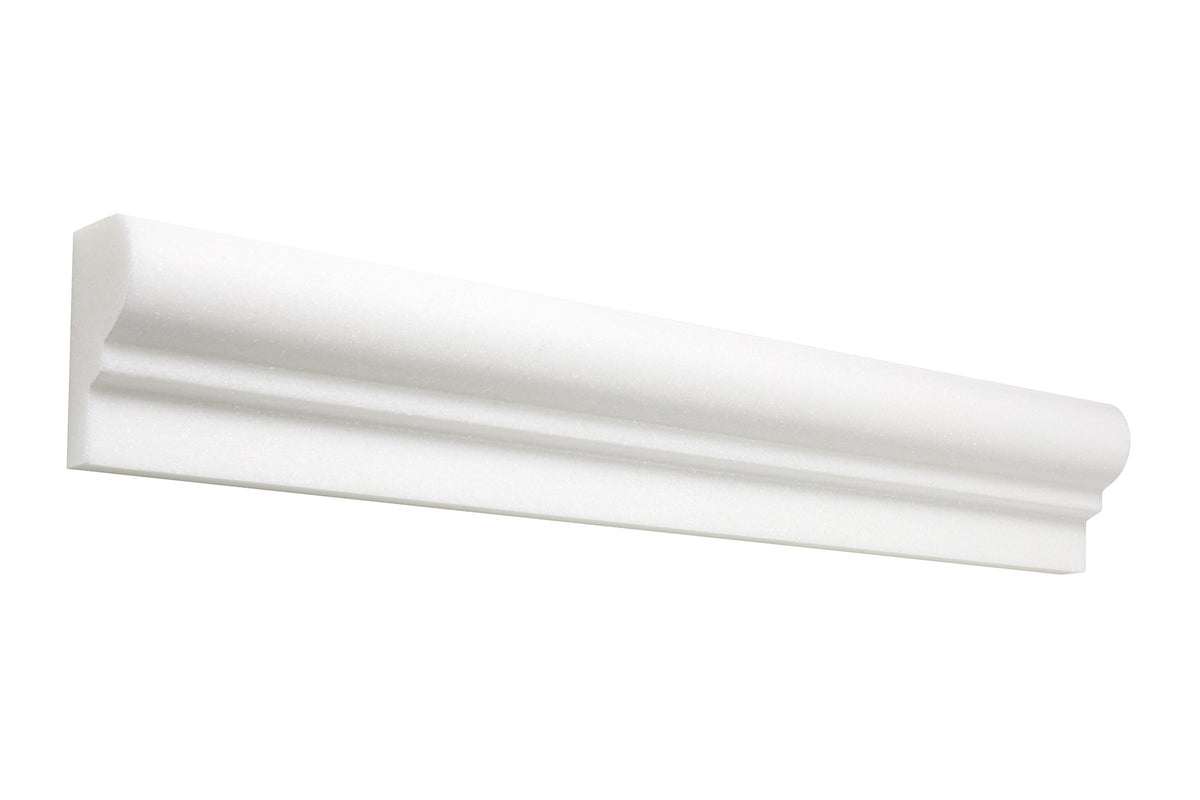 White Thassos marble 2×12 ogee chair rail trim in polished and honed finishes, bright pure white.