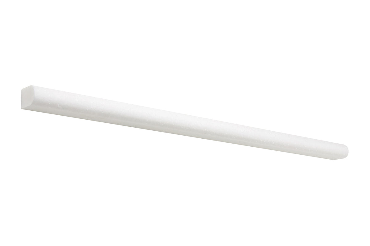 White Thassos marble ½×12 pencil liner trim in polished and honed finishes, bright pure white.