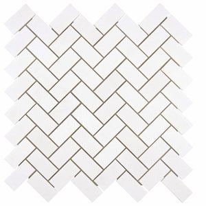 White Thassos 1×2 Herringbone Mosaic with collection installation in brilliant white natural marble.