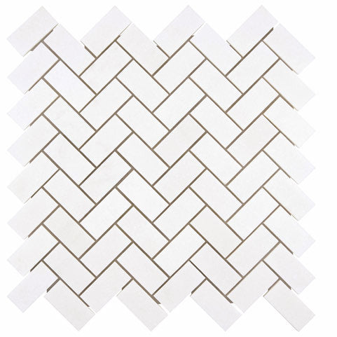 White Thassos 1×2 Herringbone Mosaic with collection installation in brilliant white natural marble.