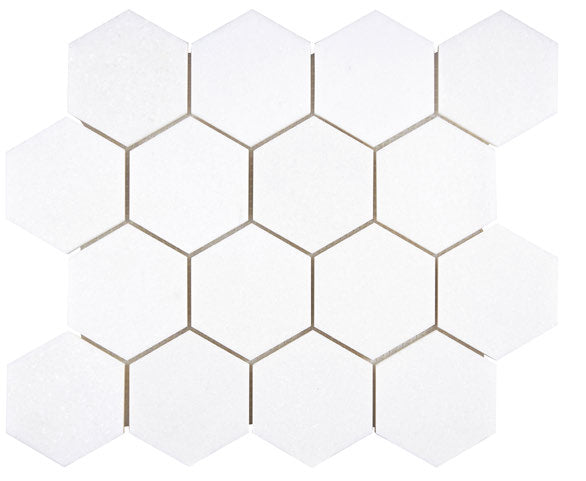 White Thassos 3-Inch Hexagon Mosaic with collection installation in brilliant white natural marble.