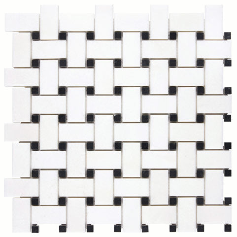 White Thassos Basketweave with Black Dots with black accent and collection installation in brilliant white natural marble.