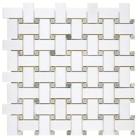 White Thassos Basketweave with Green Dots with green accent and collection installation in brilliant white natural marble.