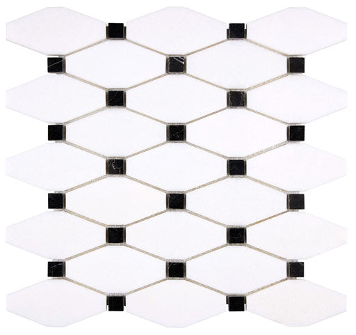 White Thassos Elongated Hexagon with Black Dots with black accent and collection installation in brilliant white natural marble.