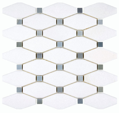 White Thassos Elongated Hexagon with Blue Dots with blue accent and collection installation in brilliant white natural marble.