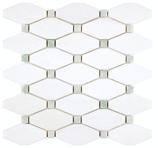 White Thassos Elongated Hexagon with Green Dots with green accent and collection installation in brilliant white natural marble.