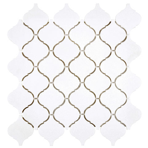 White Thassos Arabesque Mosaic with collection installation in brilliant white natural marble.