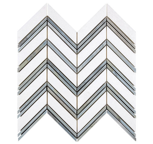 White Thassos Chevron with Blue Strips with blue accent and collection installation in brilliant white natural marble.