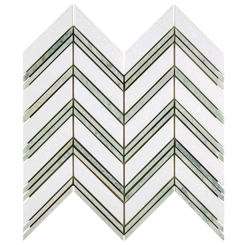 White Thassos Chevron with Green Strips with green accent and collection installation in brilliant white natural marble.