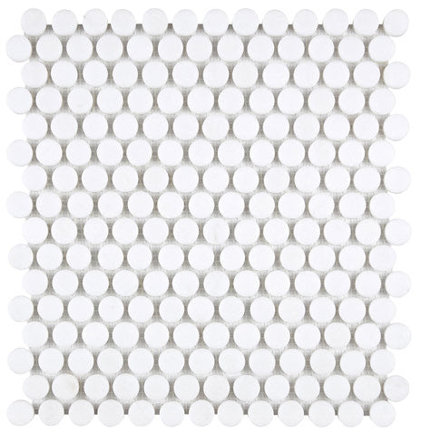 White Thassos Penny Round Mosaic with collection installation in brilliant white natural marble.
