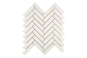 White Thassos 1×4 Herringbone Mosaic with polished and honed in brilliant white natural marble.
