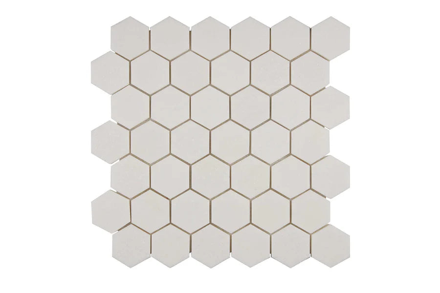 white thassos greek marble 2 inch hexagon mosaic tile commercial and residential interior and exterior shower backsplash countertop deck patio wall floor decorative