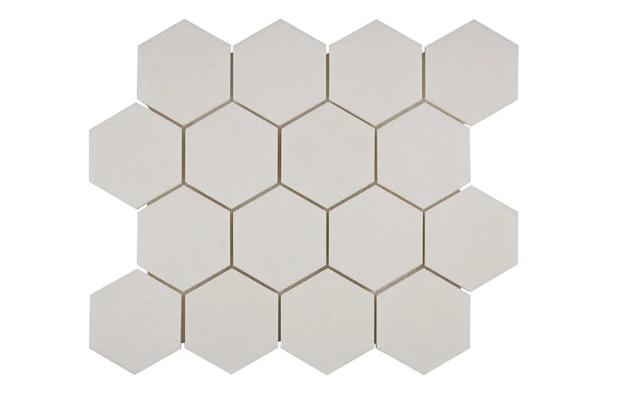 white thassos greek marble 3 inch hexagon mosaic tile commercial and residential interior and exterior shower backsplash countertop deck patio wall floor decorative