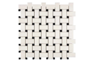 White Thassos Basketweave with Black Dots with polished and honed in brilliant white natural marble.