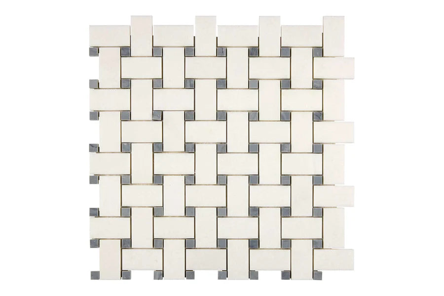 white thassos greek marble basketweave mosaic tile with bardiglio blue dots commercial and residential interior and exterior shower backsplash countertop deck patio wall floor decorative