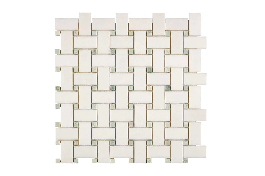 white thassos greek marble basketweave mosaic tile with ming green dots commercial and residential interior and exterior shower backsplash countertop deck patio wall floor decorative