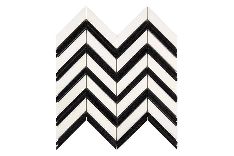 white thassos greek marble chevron mosaic tile with black marble stripes commercial and residential interior and exterior shower backsplash countertop deck patio wall floor decorative