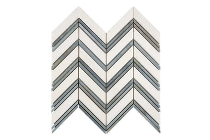 white thassos greek marble chevron mosaic tile with bardiglio blue stripes commercial and residential interior and exterior shower backsplash countertop deck patio wall floor decorative