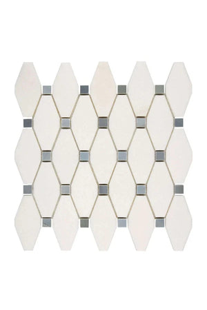 Thassos Marble Elongated Hexagon or Octave Mosaic with blue dots, polished honed finish, geometric design for walls and floors.