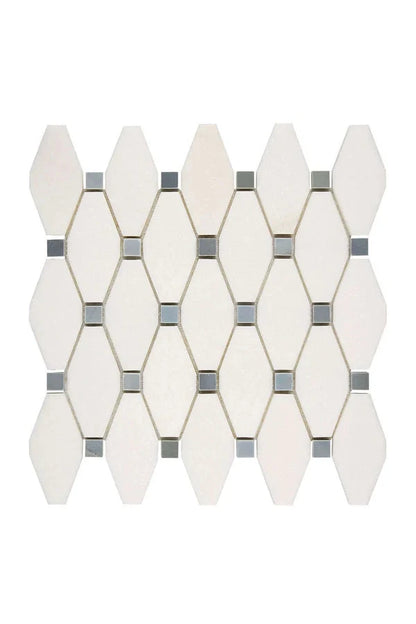 Thassos Marble Elongated Hexagon or Octave Mosaic with blue dots, polished honed finish, geometric design for walls and floors.