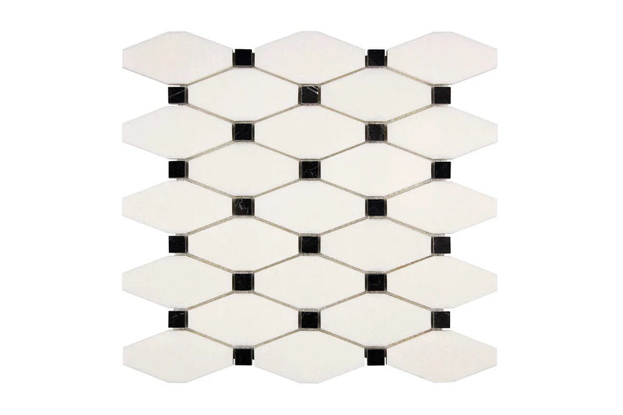 white thassos greek marble elongated hexagon mosaic tile with black marble dots commercial and residential interior and exterior shower backsplash countertop deck patio wall floor decorative