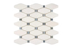 white thassos greek marble elongated hexagon mosaic tile with bardiglio blue marble dots commercial and residential interior and exterior shower backsplash countertop deck patio wall floor decorative