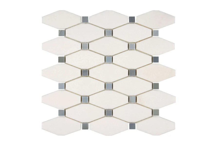 white thassos greek marble elongated hexagon mosaic tile with bardiglio blue marble dots commercial and residential interior and exterior shower backsplash countertop deck patio wall floor decorative