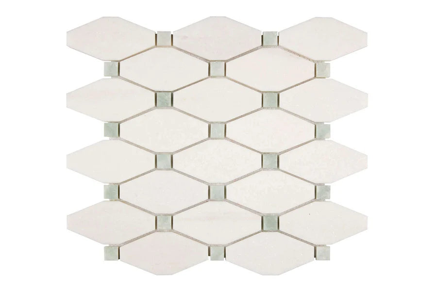 white thassos greek marble elongated hexagon mosaic tile with ming green marble dots commercial and residential interior and exterior shower backsplash countertop deck patio wall floor decorative