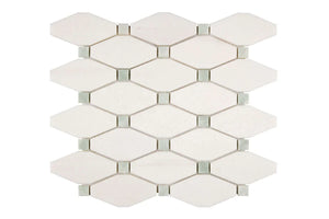 white thassos greek marble elongated hexagon mosaic tile with ming green marble dots commercial and residential interior and exterior shower backsplash countertop deck patio wall floor decorative