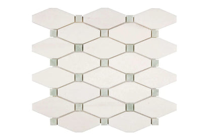 white thassos greek marble elongated hexagon mosaic tile with ming green marble dots commercial and residential interior and exterior shower backsplash countertop deck patio wall floor decorative